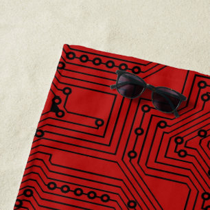 Modern Black On Dark Red Computer Circuit Board Beach Towel
