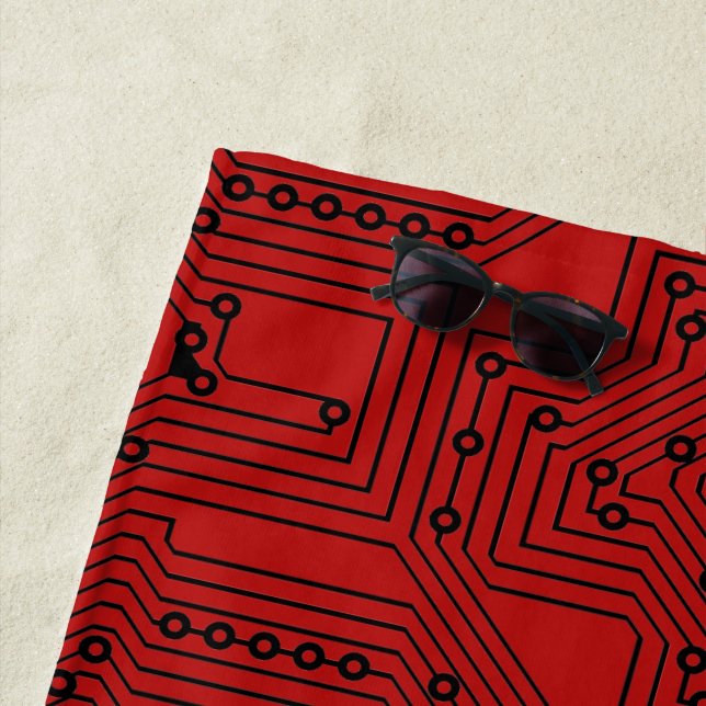 Modern Black On Dark Red Computer Circuit Board Beach Towel (In Situ)