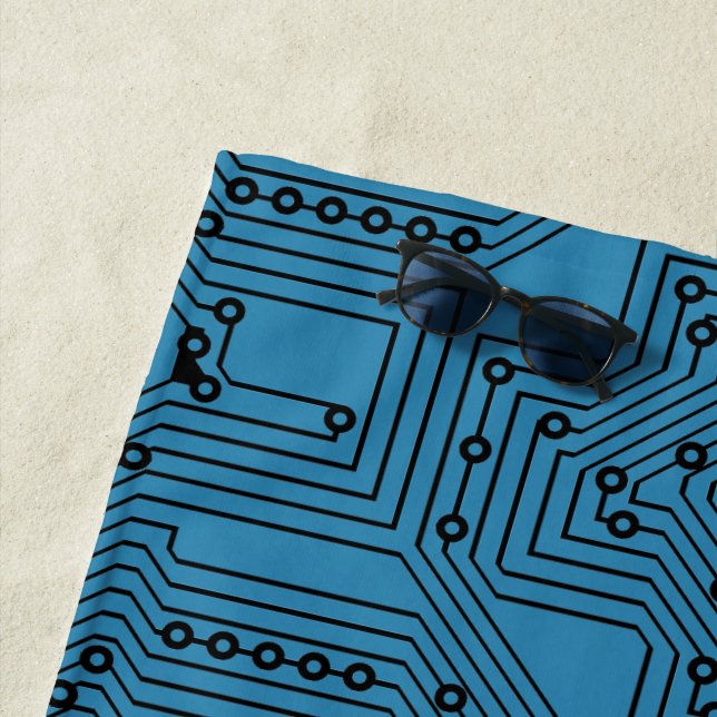 Modern Black On Teal Blue Computer Circuit Board Beach Towel (In Situ)