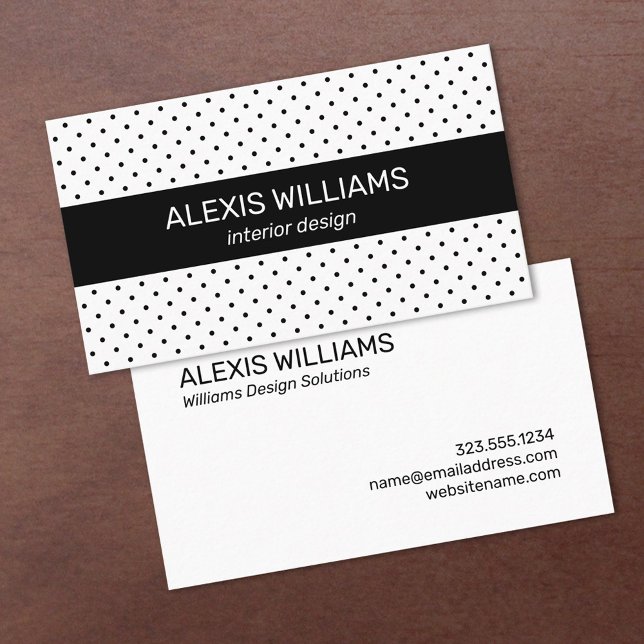 Modern Black on White Polka Dots Black Stripe Business Card (Black and White Polka Dots Black Stripe Business Card, front/back, in situ)