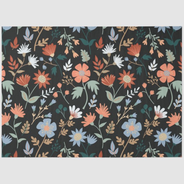 Modern Black Orange Blue Leaves Floral Tissue Paper (Front)