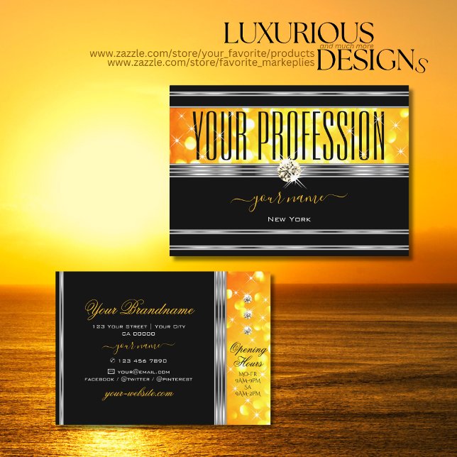 Modern Black Orange Glitter Diamonds Silver Border Business Card (Creator Uploaded)