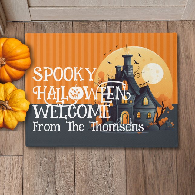 Modern Black Orange Haunted House Family  Doormat (Creator Uploaded)