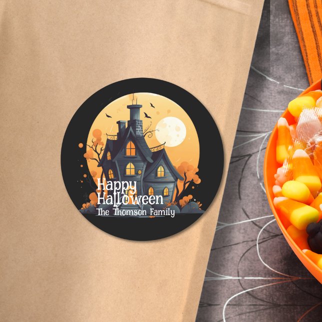 Modern Black Orange Haunted House Happy Halloween Classic Round Sticker (Creator Uploaded)