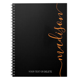 Modern Black Orange Name Monogram Initial Notebook