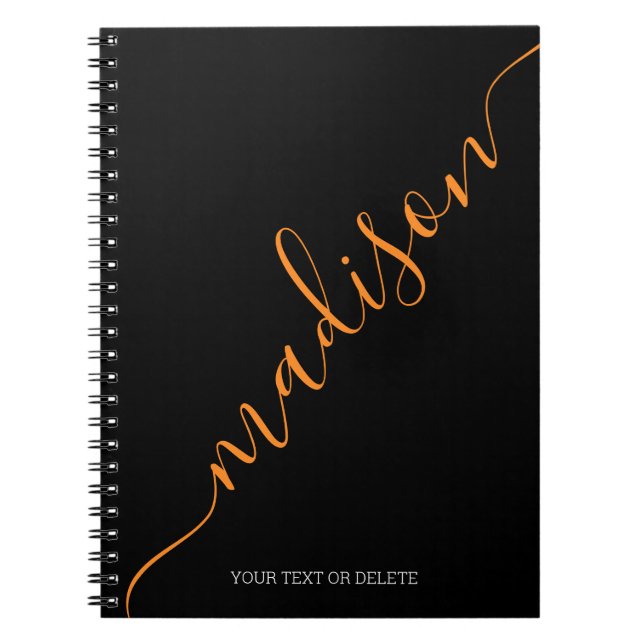 Modern Black Orange Name Monogram Initial Notebook (Front)