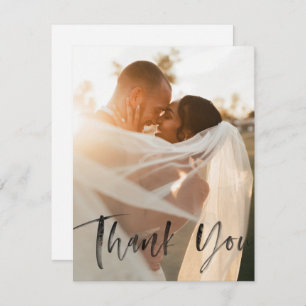 Modern Black Overlay Brush Script Wedding Photo Thank You Card