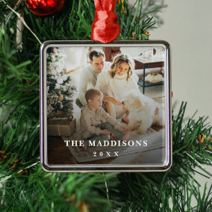 Modern Black Overlay Personalised Photo and Texts Metal Ornament