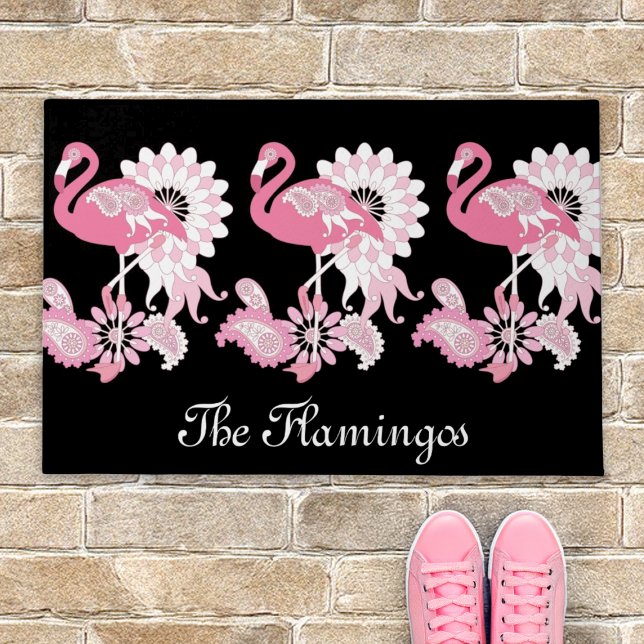 Modern Black Paisley Pink Flamingo Doormat (Creator Uploaded)