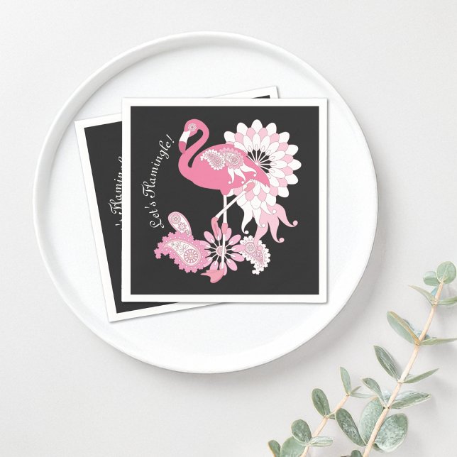 Modern Black Paisley Pink Flamingo Paper Napkin (Creator Uploaded)