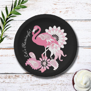 Modern Black Paisley Pink Flamingo Paper Plate