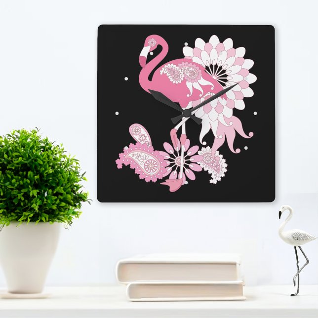 Modern Black Paisley Pink Flamingo Square Wall Clock (Creator Uploaded)