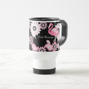 Modern Black Paisley Pink Flamingo Travel Mug