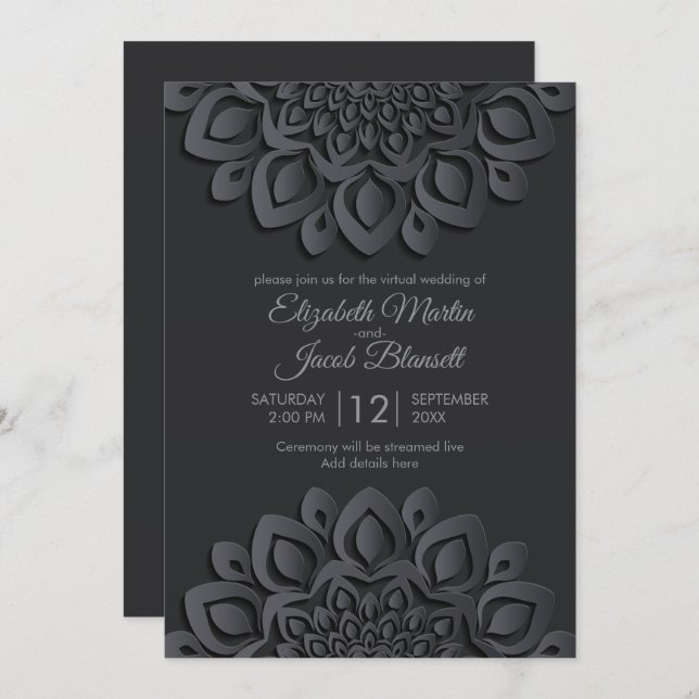 Modern Black Papercut Mandala Virtual Wedding Invitation (Front/Back)