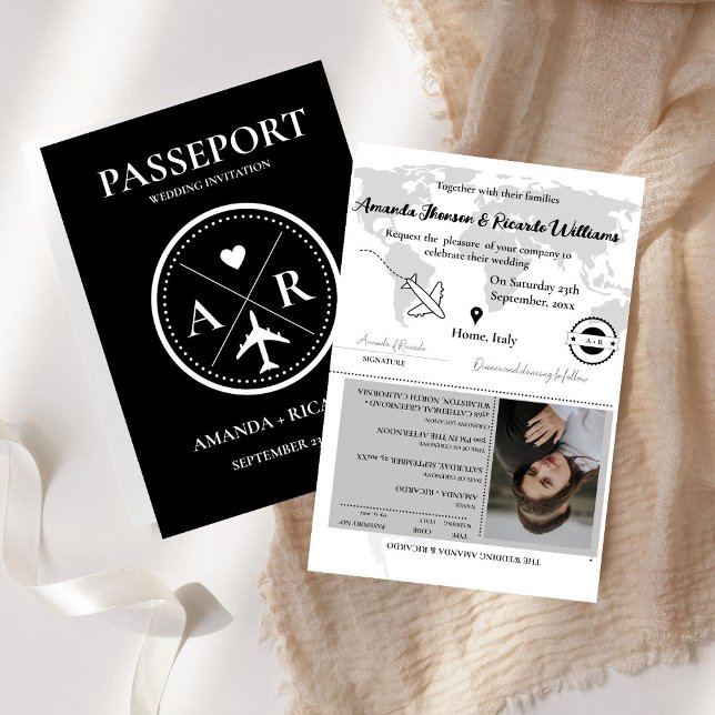 Modern Black  Passport Photo Wedding Invitation (Creator Uploaded)