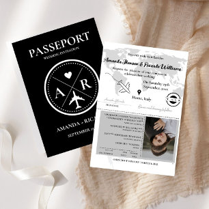 Modern Black  Passport Photo Wedding Invitation