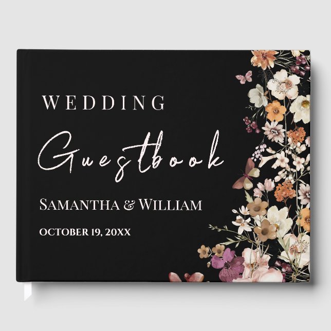 Modern Black Pastel Wildflower Boho Wedding Guest Book (Front)