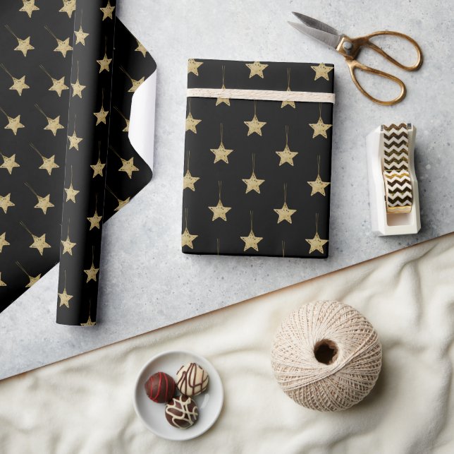 Modern Black Pattern With Golden Stars  Wrapping Paper (Crafts)