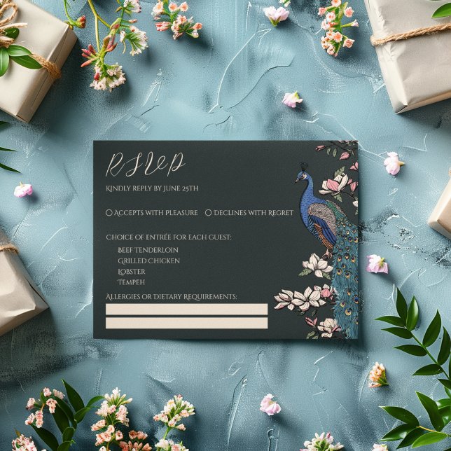 Modern Black Peacock RSVP Card (Modern Black RSVP Card. Hand Drawn Illustration of Peafowl Peacock on Magnolia Tree Branch in Bloom)