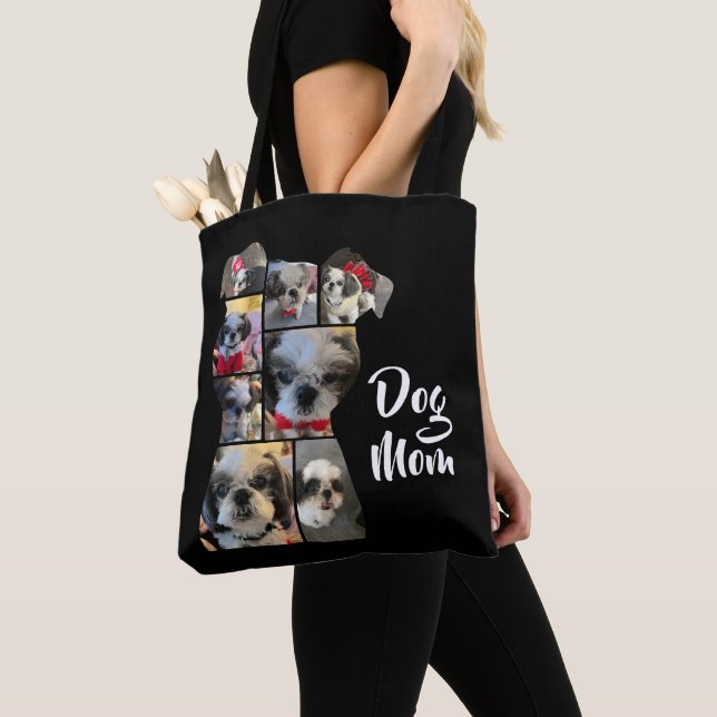 Modern Black Personalised Dog Mum Photo Collage Tote Bag (Close Up)