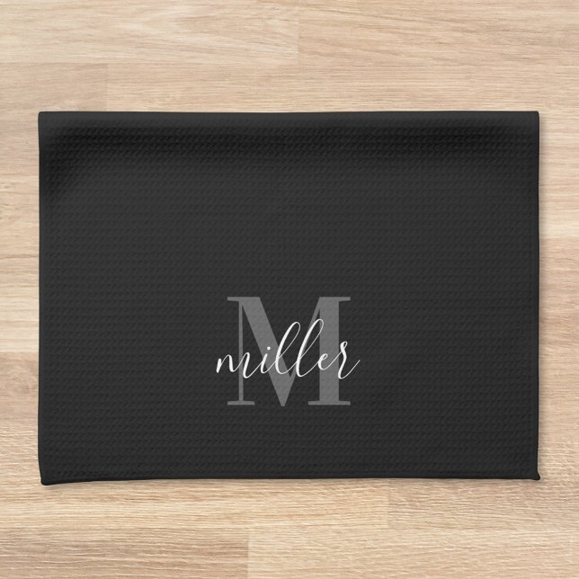 Modern Black Personalised Family Name Monogram Tea Towel (Creator Uploaded)