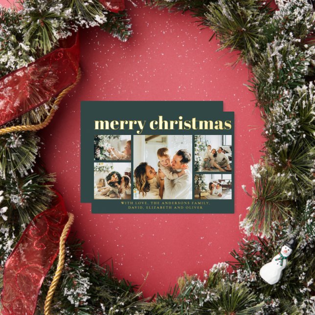 Modern Black Photo Collage Minimal Green Christmas Foil Holiday Card (Insitu)