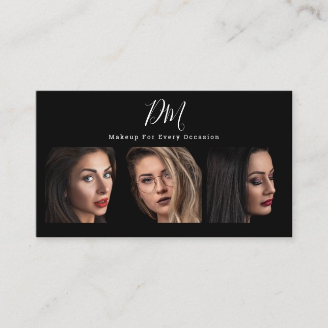 Modern black photo collage trendy makeup artist business card (Front)