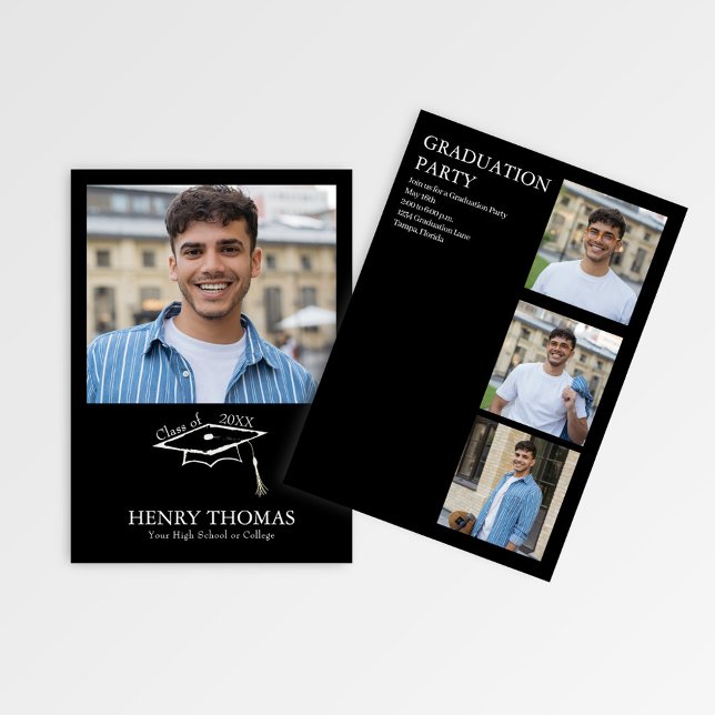 Modern Black Photo Graduation Party Announcement (Modern black graduation photo card with cap graphic and clean minimalist layout)
