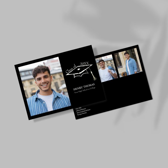 Modern Black Photo Graduation Party Card (Modern black graduation card with photo and cap design on front layout)