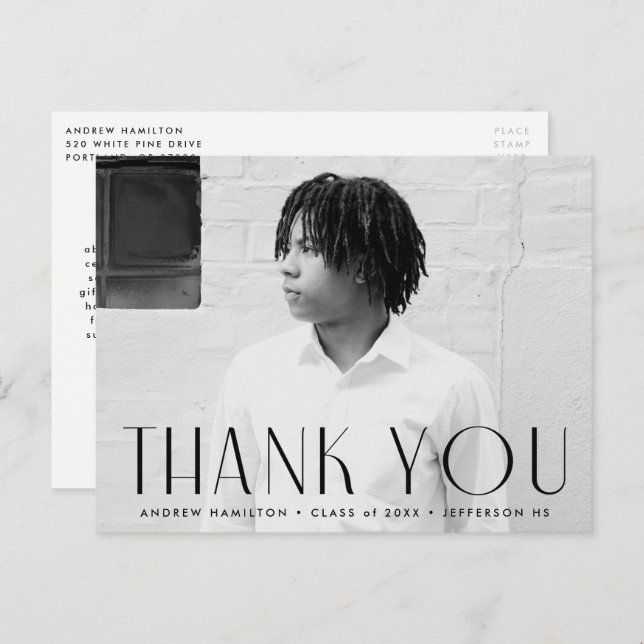 Modern Black Photo Graduation Thank You Postcard (Front/Back)