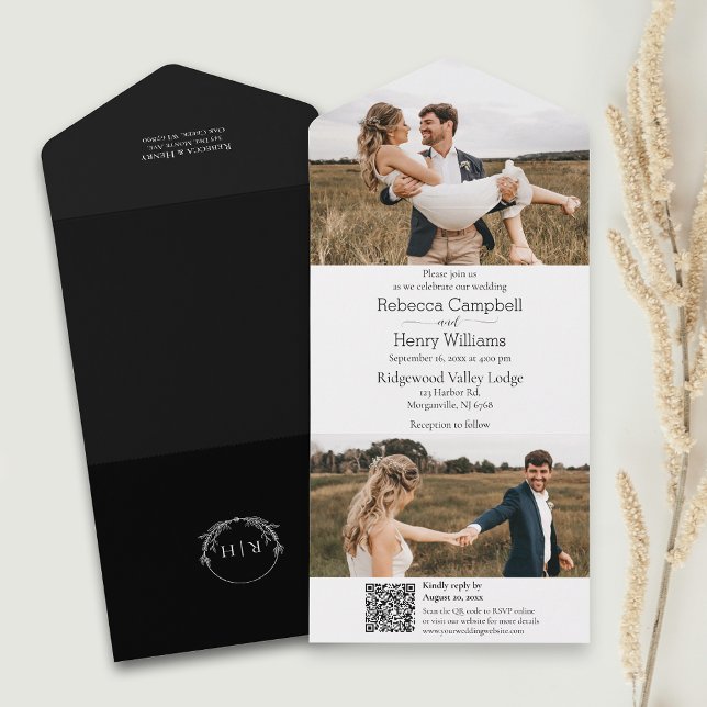 Modern Black Photo | Monogram | QR Code All In One Invitation (Simplify your wedding with our all-in-one invitation – convenience and beauty in a single card.)