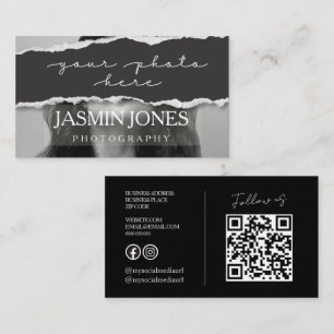 Modern Black Photo Photography QR Code Business Card