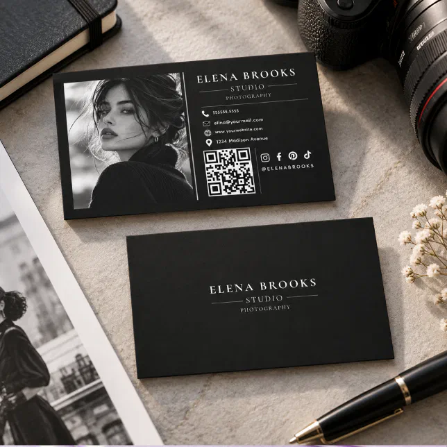 Modern Black Photo with QR Code & Social Media Business Card | Zazzle