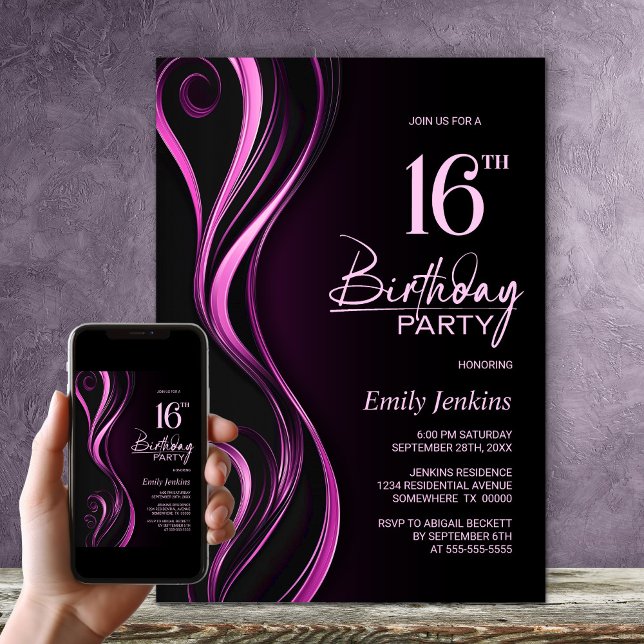 Modern Black Pink 16th Birthday Party Invitation (Creator Uploaded)