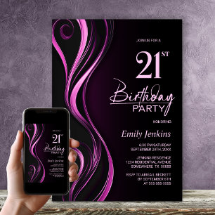Modern Black Pink 21st Birthday Party Invitation
