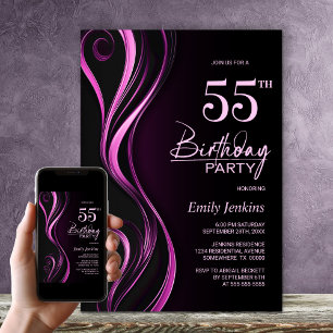 Modern Black Pink 55th Birthday Party Invitation