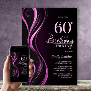 Modern Black Pink 60th Birthday Party Invitation