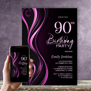 Modern Black Pink 90th Birthday Party Invitation
