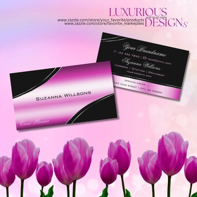 Modern Black Pink Curved Decor Lines Shimmering Business Card (Creator Uploaded)