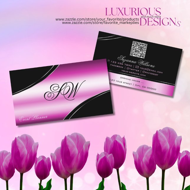 Modern Black Pink Curved Lines Monogram QR Code Business Card (Creator Uploaded)