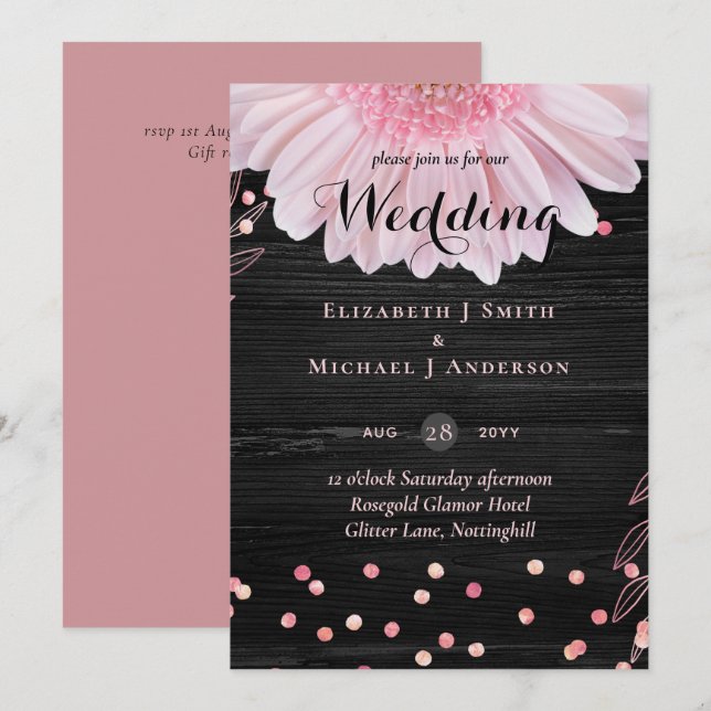 Modern Black Pink Daisy Wedding (Front/Back)