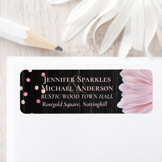 Modern Black Pink Daisy Wedding Return Address Label (Insitu)