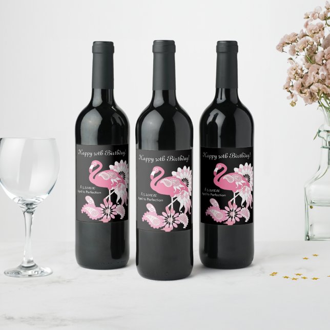 Modern Black Pink Flamingo Birthday Wine Label (Creator Uploaded)