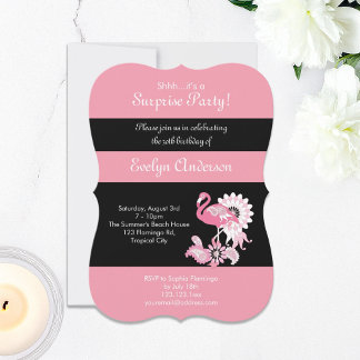 Modern Black Pink Flamingo Surprise Birthday Invitation