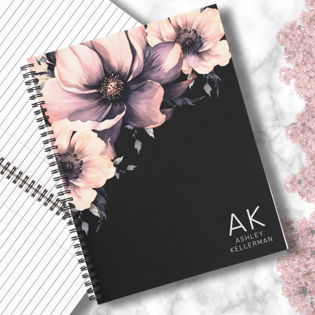 Modern Black Pink Floral Monogrammed Initials Notebook (Chic Modern Black Pink Floral Monogrammed Initials Notebook)