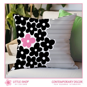 Modern Black Pink Floral Stripe Cushion