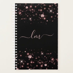 Modern Black Pink Glam Glitter Custom Monogram Planner