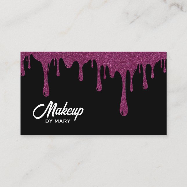 Modern Black & Pink Glitter Drips QR Code Makeup  Business Card (Front)