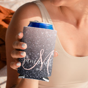 Modern Black & Pink Glitter Sparkles Name Can Cooler