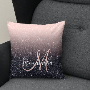 Modern Black & Pink Glitter Sparkles Name Cushion